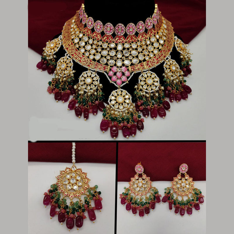 Amoliya Jewels Gold Plated Polki Kundan Stone And Beads Meenakari Choker Necklace Set