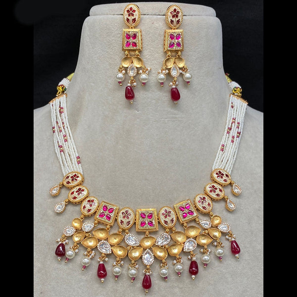 Amoliya Jewels Gold Plated Polki Kundan Stone And Beads Meenakari Necklace Set