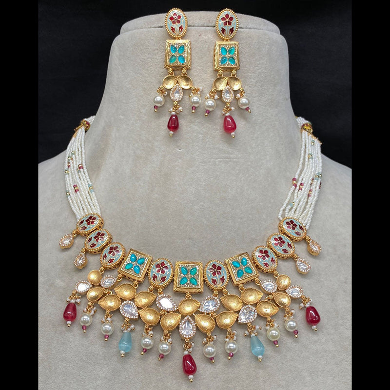 Amoliya Jewels Gold Plated Polki Kundan Stone And Beads Meenakari Necklace Set