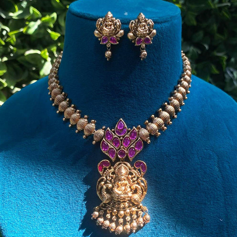 Amoliya Jewels Gold Plated Pota Stone Temple Necklace Set