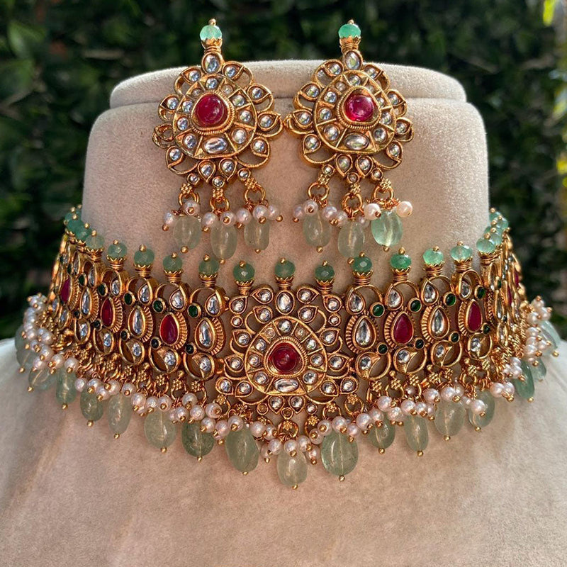 Amoliya Jewels Gold Plated Kundan Stone And Pearls Choker Necklace Set