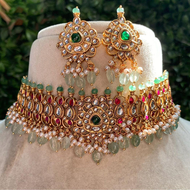 Amoliya Jewels Gold Plated Kundan Stone And Pearls Choker Necklace Set