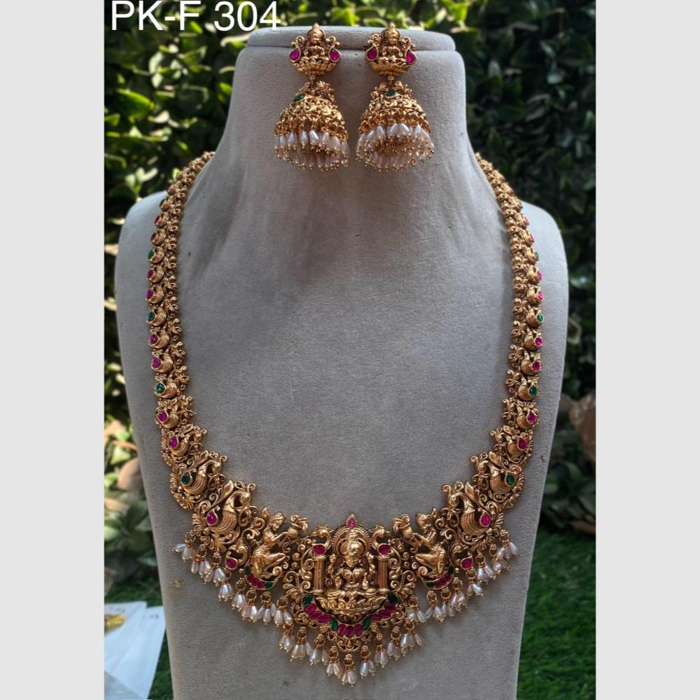 Amoliya Jewels Gold Plated Pota Stone And Pearls Temple Necklace Set