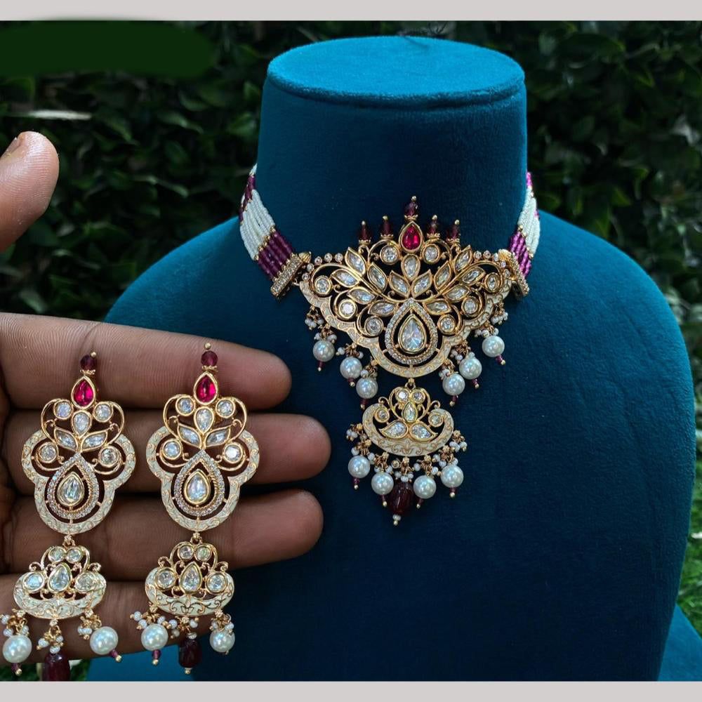 Amoliya Jewels Gold Plated Polki Kundan And Beads Meenakari Choker Necklace Set
