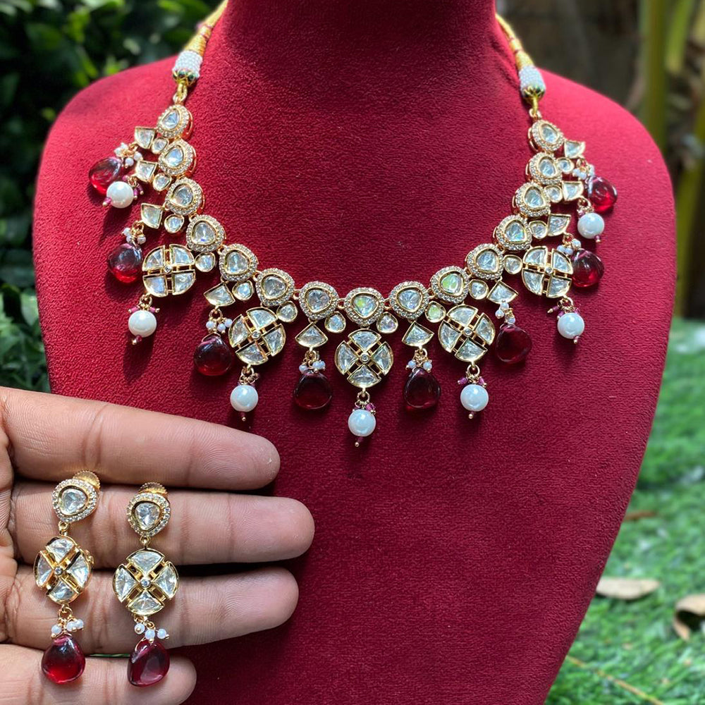 Amoliya Jewels Traditional Gold-Plated Polki Kundan And Beads Necklace Set