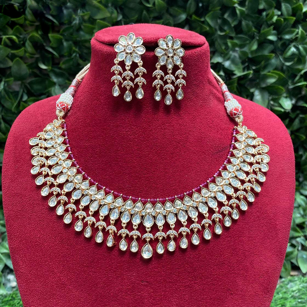Amoliya Jewels Traditional Gold-Plated Polki Kundan And Pearl Necklace Set