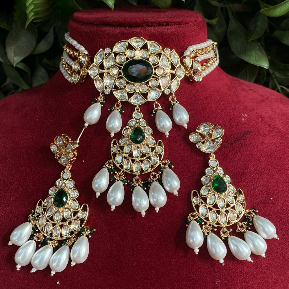 Amoliya Jewels Traditional Gold-Plated Polki Kundan And Beads Choker Necklace Set