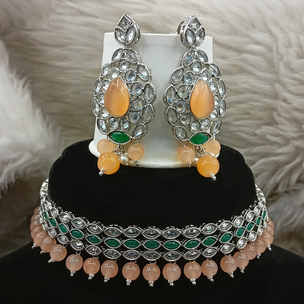 Amoliya Jewels Elegant Silver-Plated Crystal & Beads Choker Necklace Set