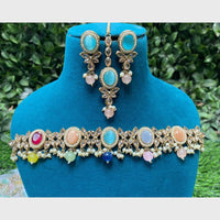 Amoliya Gold Plated Designer Crystal And Beads Choker Necklace Set