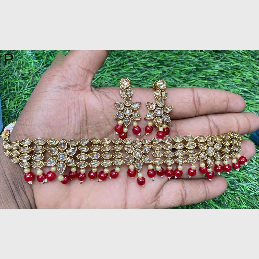Amoliya Gold Plated Designer Crystal And Beads Choker Necklace Set