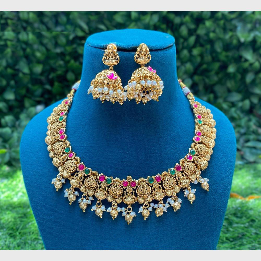 Amoliya Jewels Traditional Gold Plated Pota And Beads Temple Necklace Set
