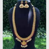 Amoliya Jewels Gold Plated Temple Pearls And Meenakari Long Necklace Set