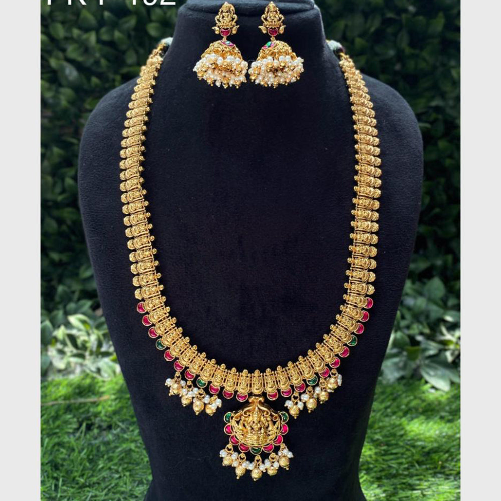 Amoliya Jewels Gold Plated Temple Pearls And Meenakari Long Necklace Set