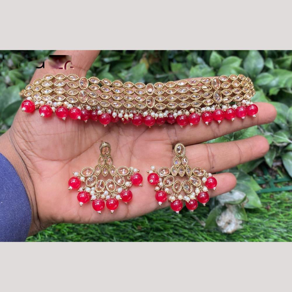 Amoliya Gold Plated Designer Crystal And Beads Choker Necklace Set