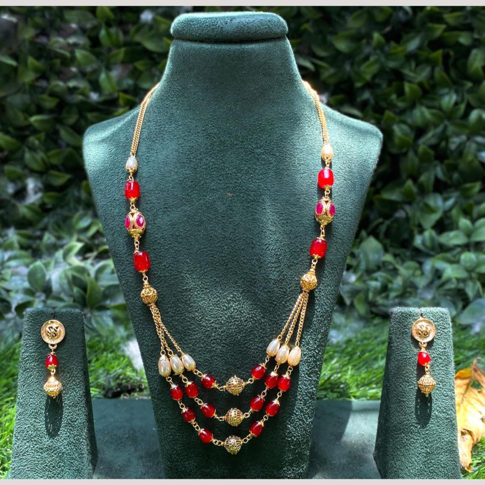 Amoliya Jewels Gold Plated Pota Stone And Beads Long Necklace Set