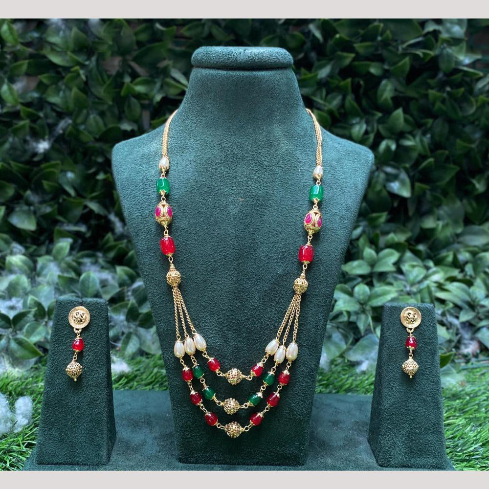 Amoliya Jewels Gold Plated Pota Stone And Beads Long Necklace Set