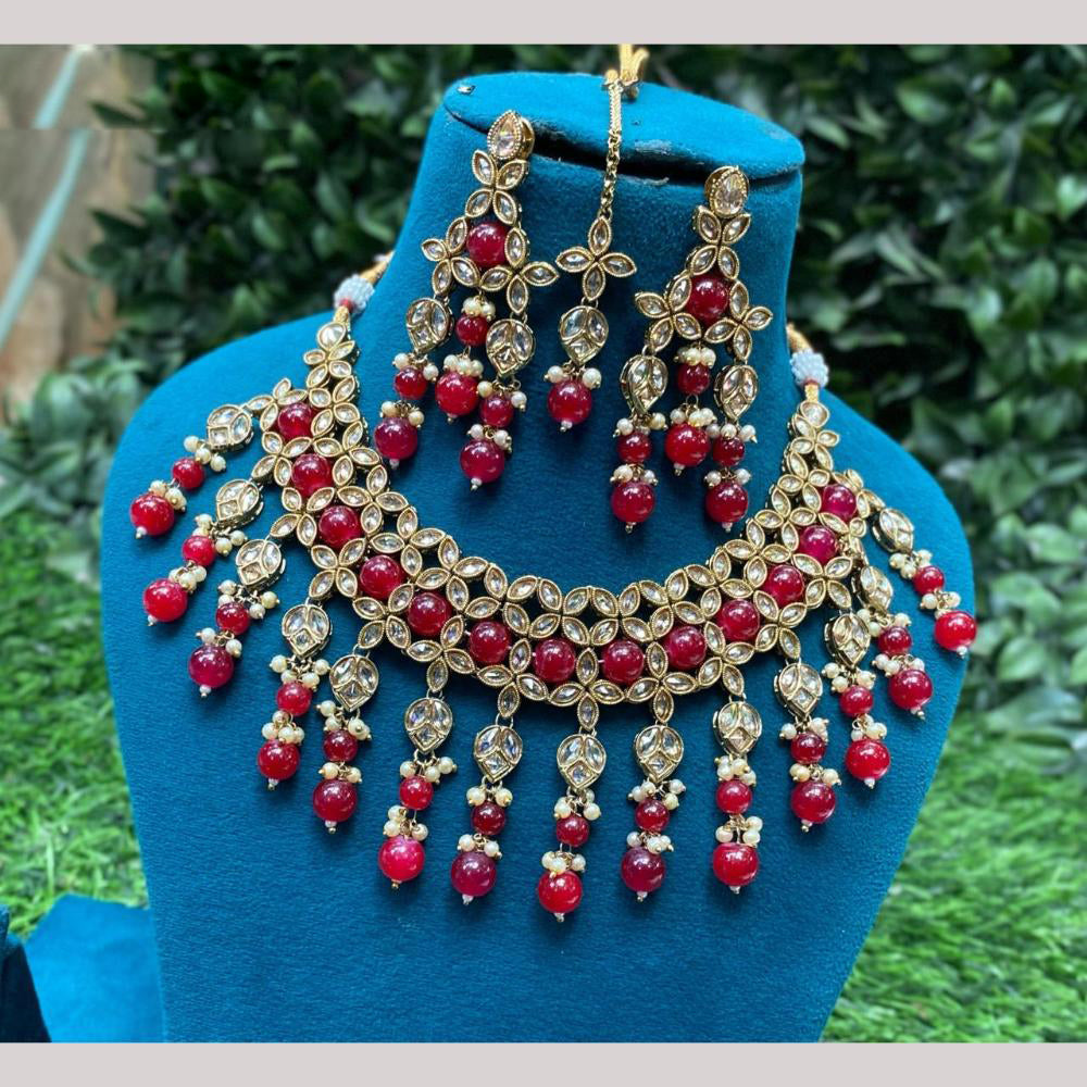 Amoliya Jewels Elegant Gold-Plated Crystal And Beads Necklace Set