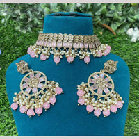 Amoliya Jewels Gold Plated Designer Crystal And Beads Choker Necklace Set