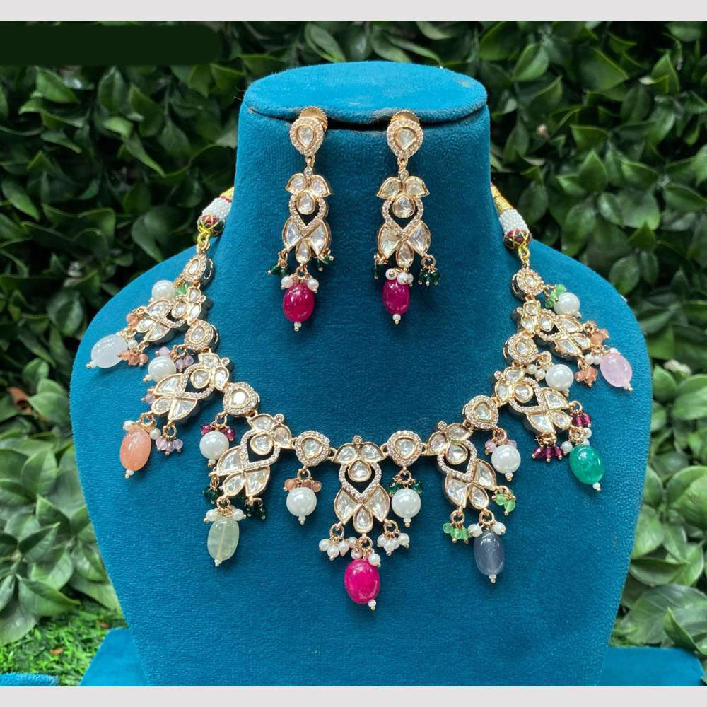 Amoliya Jewels Traditional Gold-Plated Polki Kundan And Beads Necklace Set