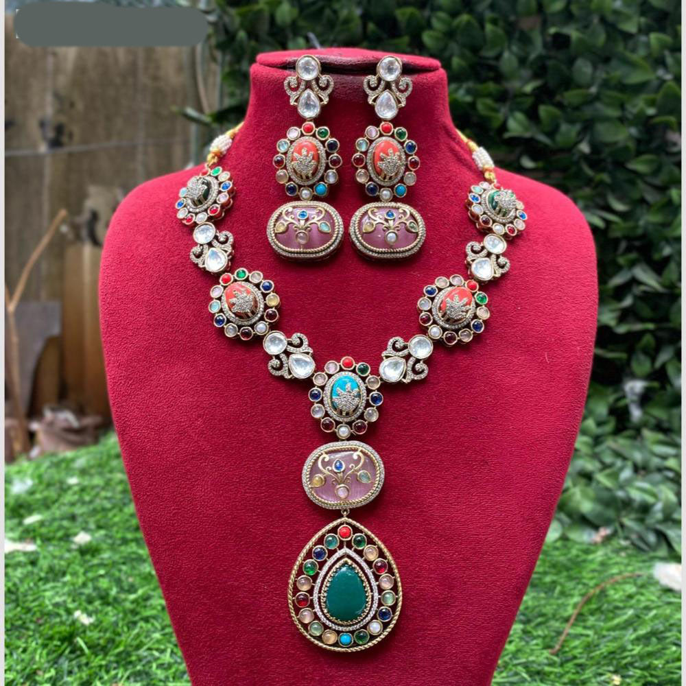 Amoliya Jewels Gold Plated Pota Stone Necklace Set