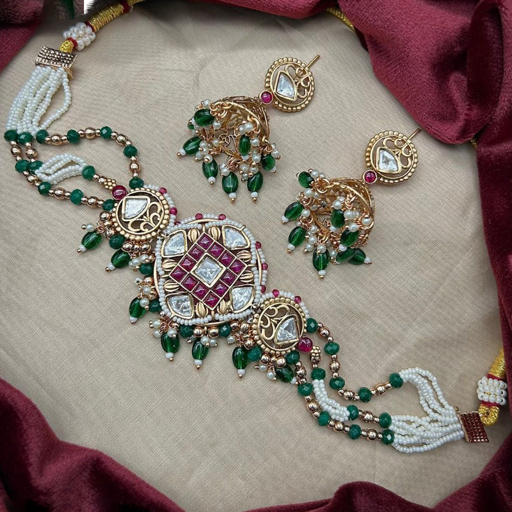 Amoliya Jewels Gold Plated Polki Kundan Pota Stone And Beads Choker Necklace Set