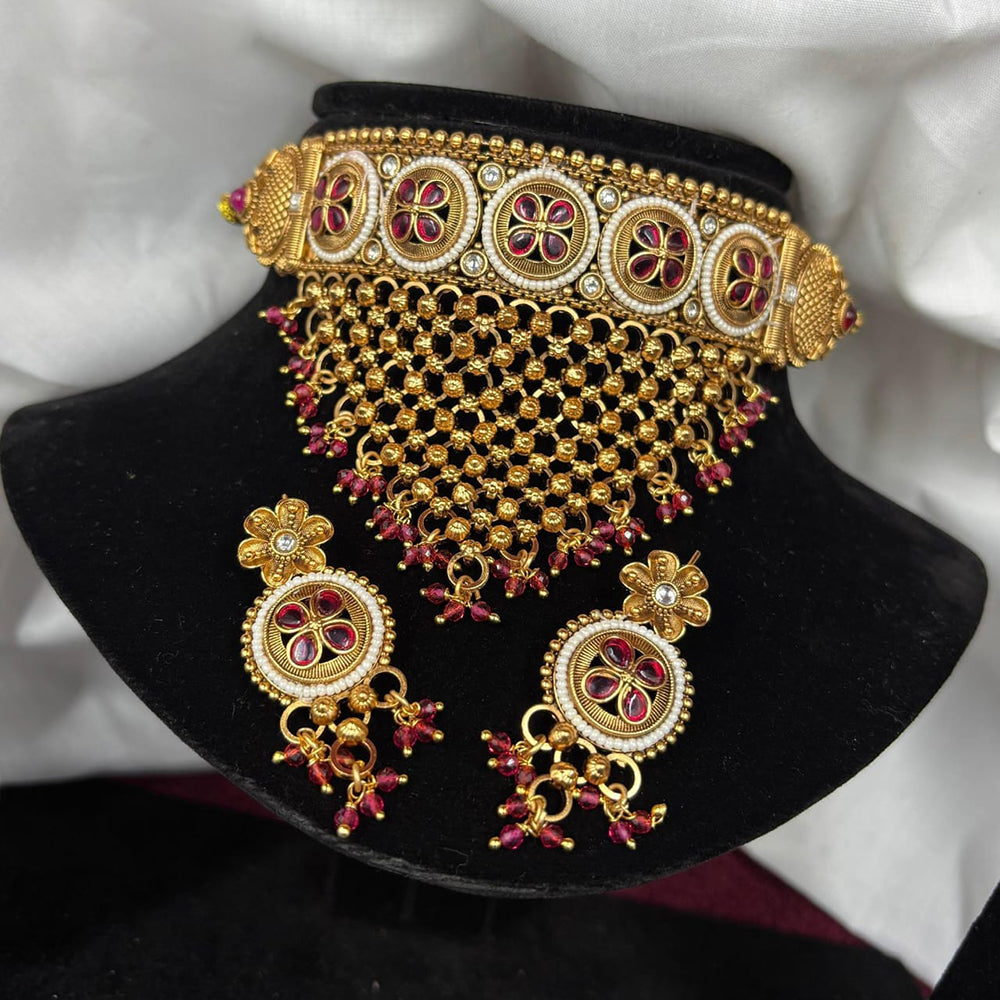 Amoliya Jewels Gold Plated Pota Stone Choker Necklace Set