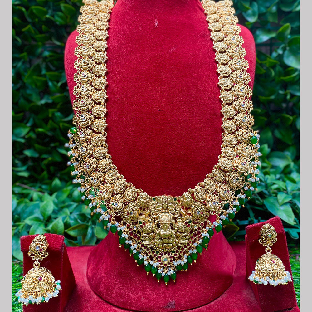 Amoliya Jewels Gold Plated Pota Stone And Pearls Temple Long Necklace Set
