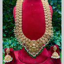 Amoliya Jewels Gold Plated Pota Stone And Pearls Temple Long Necklace Set