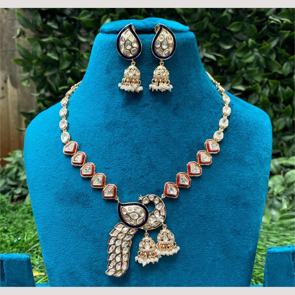 Amoliya Jewels Polki Kundan Peacock Necklace and Jhumka Earrings Set