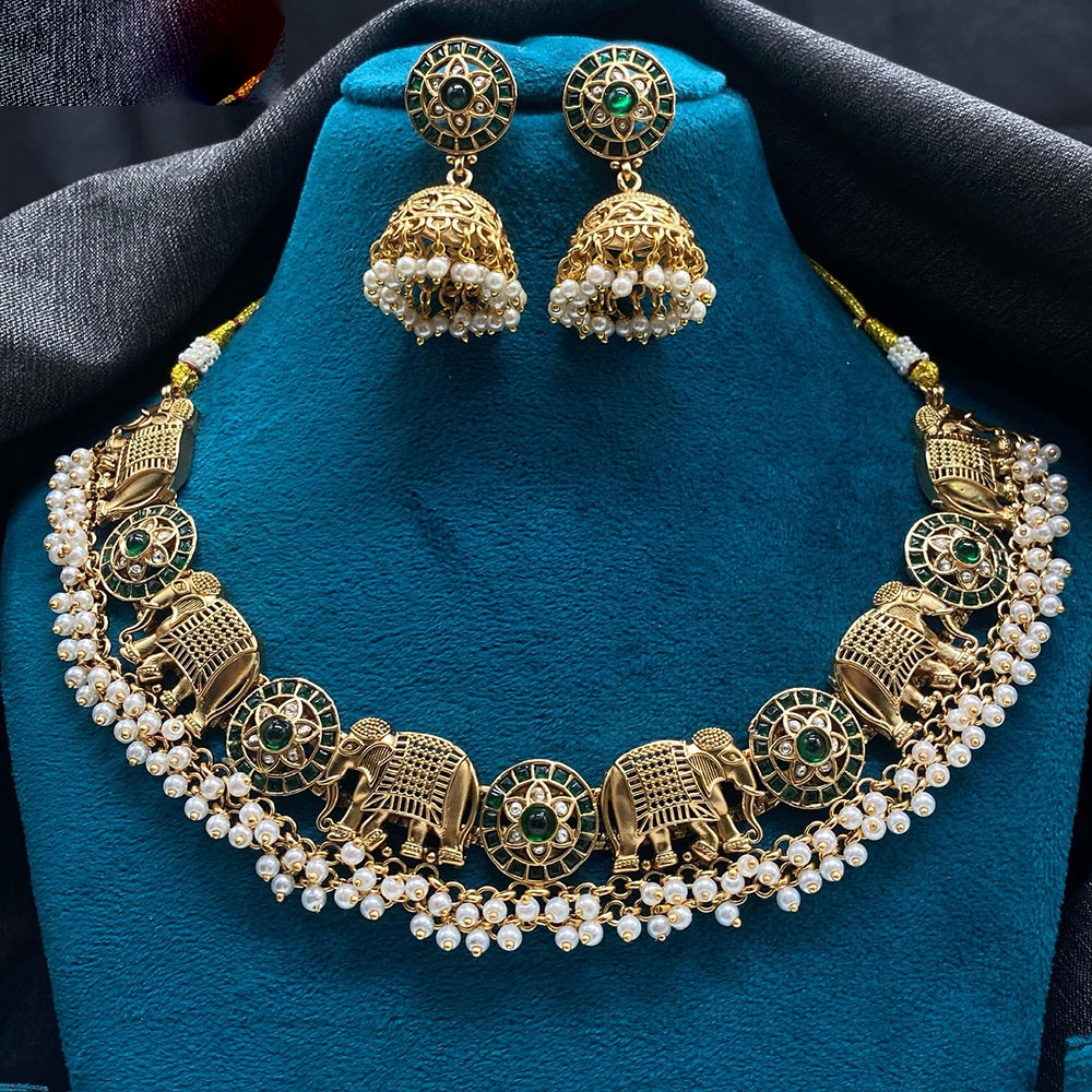 Amoliya Jewels Forest Royalty Pota Stone And Pearl Elephant Charm Necklace Set