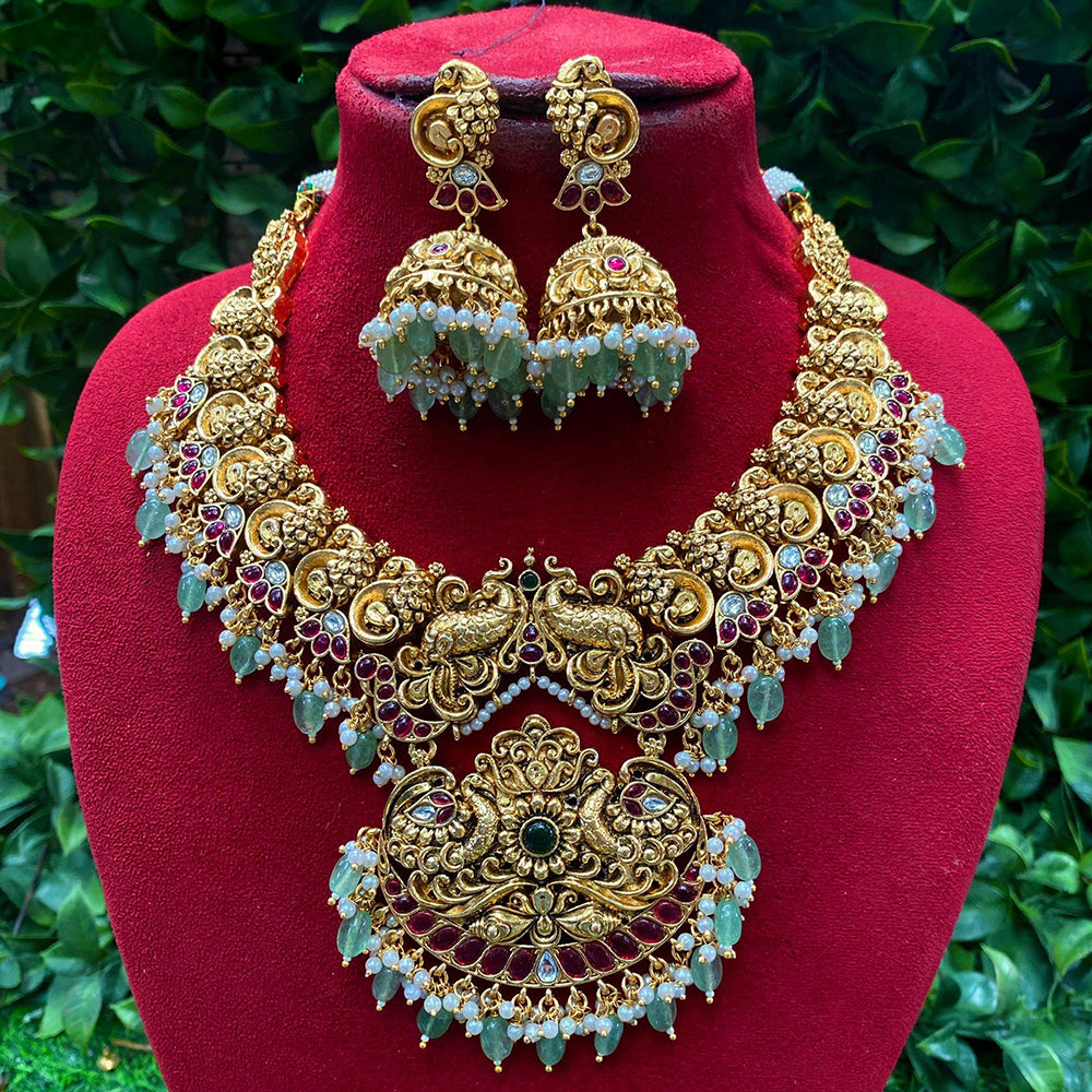 Amoliya Jewels Peacock Chic Pota Stone And Pearl Beautiful Necklace Set