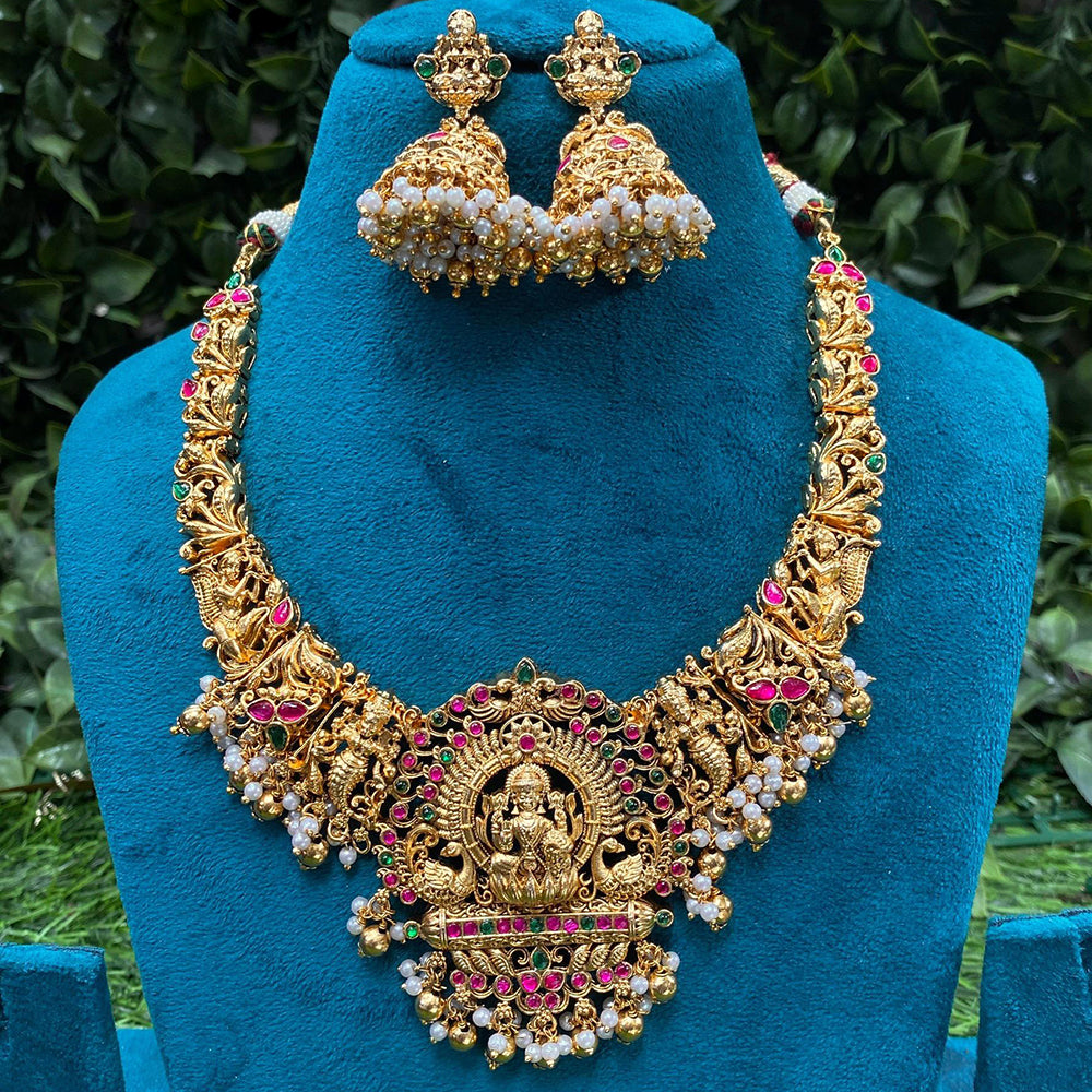Amoliya Jewels Golden Aura Pota Stone And Pearl Temple Inspiration Necklace Set