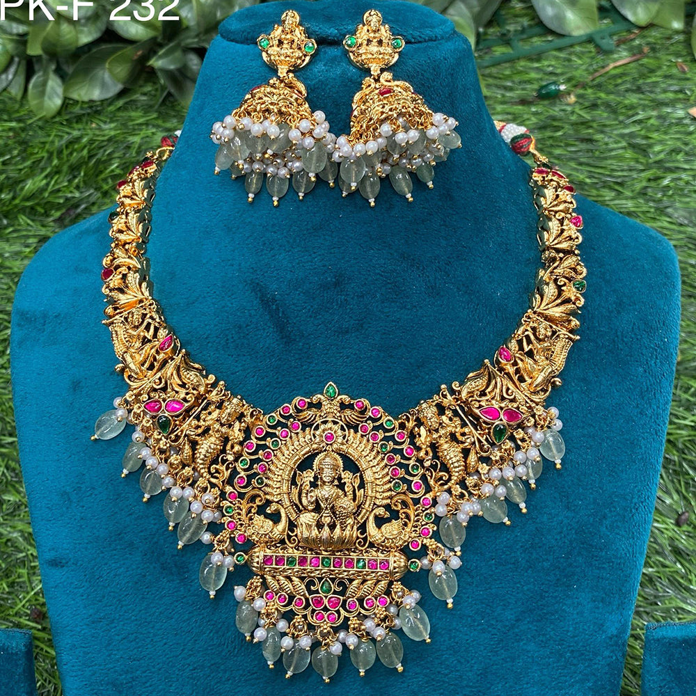 Amoliya Jewels Golden Aura Pota Stone And Pearl Temple Inspiration Necklace Set