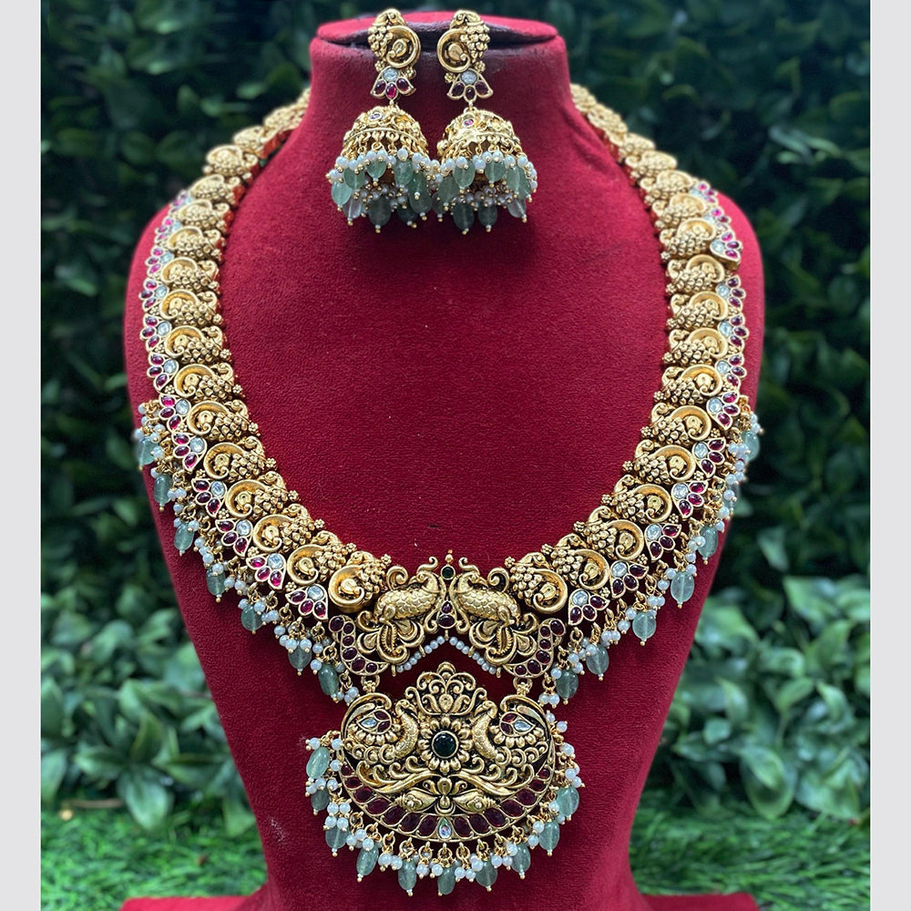 Amoliya Jewels Peacock Chic Pota Stone And Pearl Beautiful Long Necklace Set