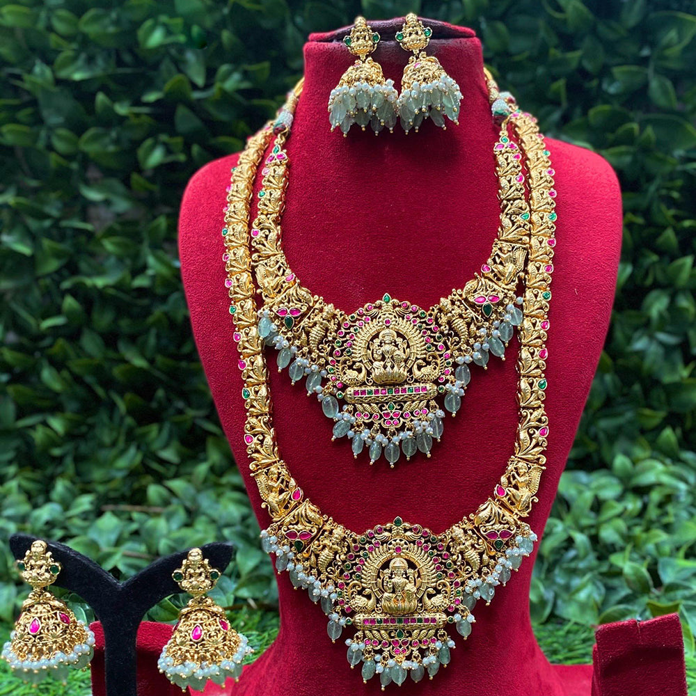 Amoliya Jewels Twin Temple Grace  Pota Stone And Peal  Layer DoubbleTemple Neckalce Set