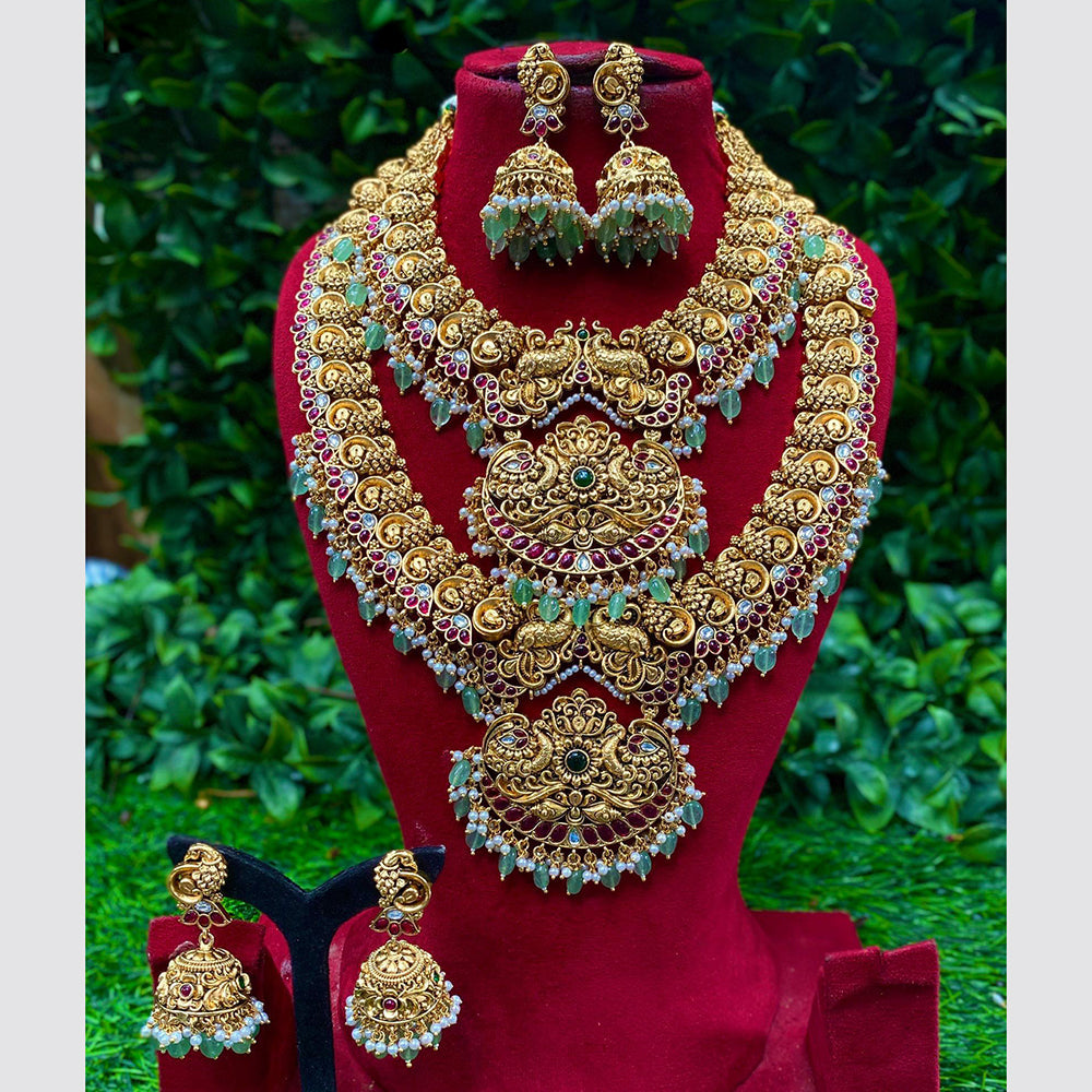 Amoliya Jewels Double Peacock Glow Pota Stone and Pearl Double Necklace Set