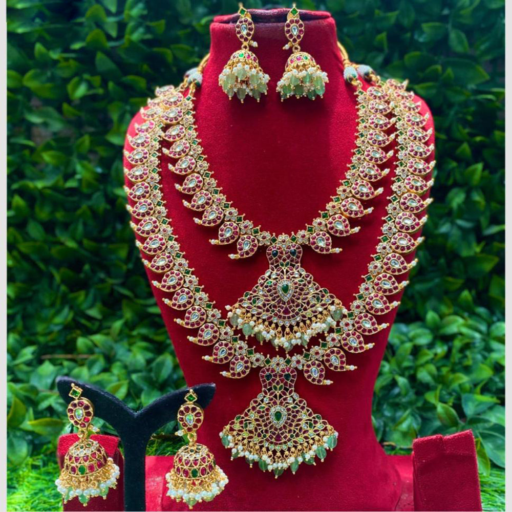 Amoliya Jewels Elegant Layers Pota Stone And  Pearl Double Necklace Set