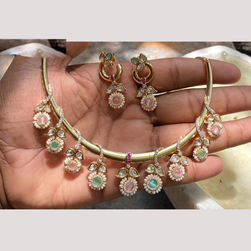 Amoliya Jewels Pearl Bloom Designer Crystal and Polki Kundan Necklace Set