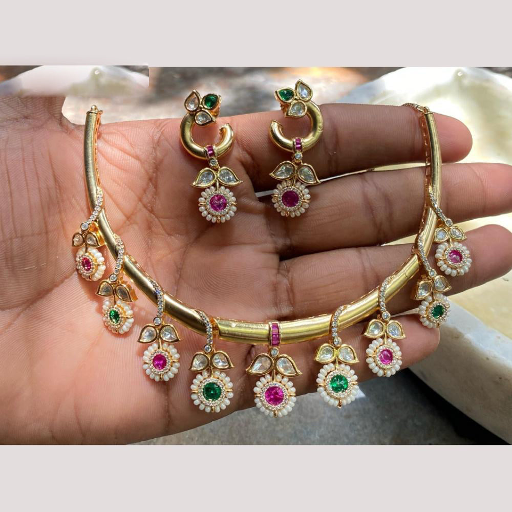 Amoliya Jewels Pearl Bloom Designer Crystal and Polki Kundan Necklace Set