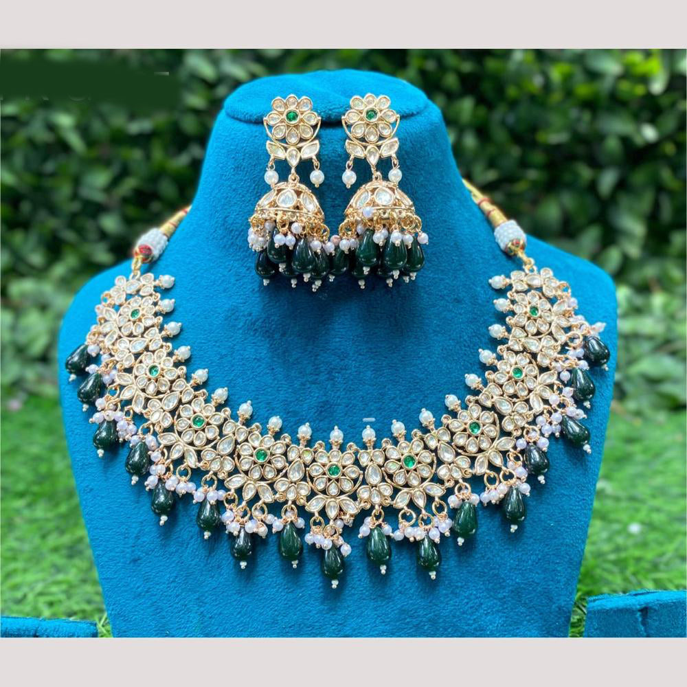 Amoliya Jewels Regal Emerald Polki Kundan Necklace Set with Pearl Tassels
