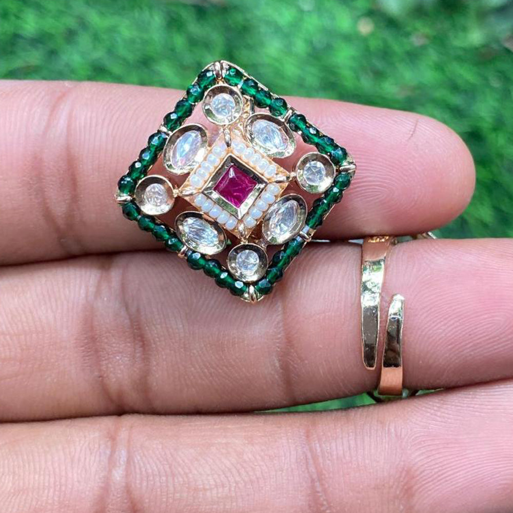 Amoliya Jewels Square Polki Kundan and Beads Ring