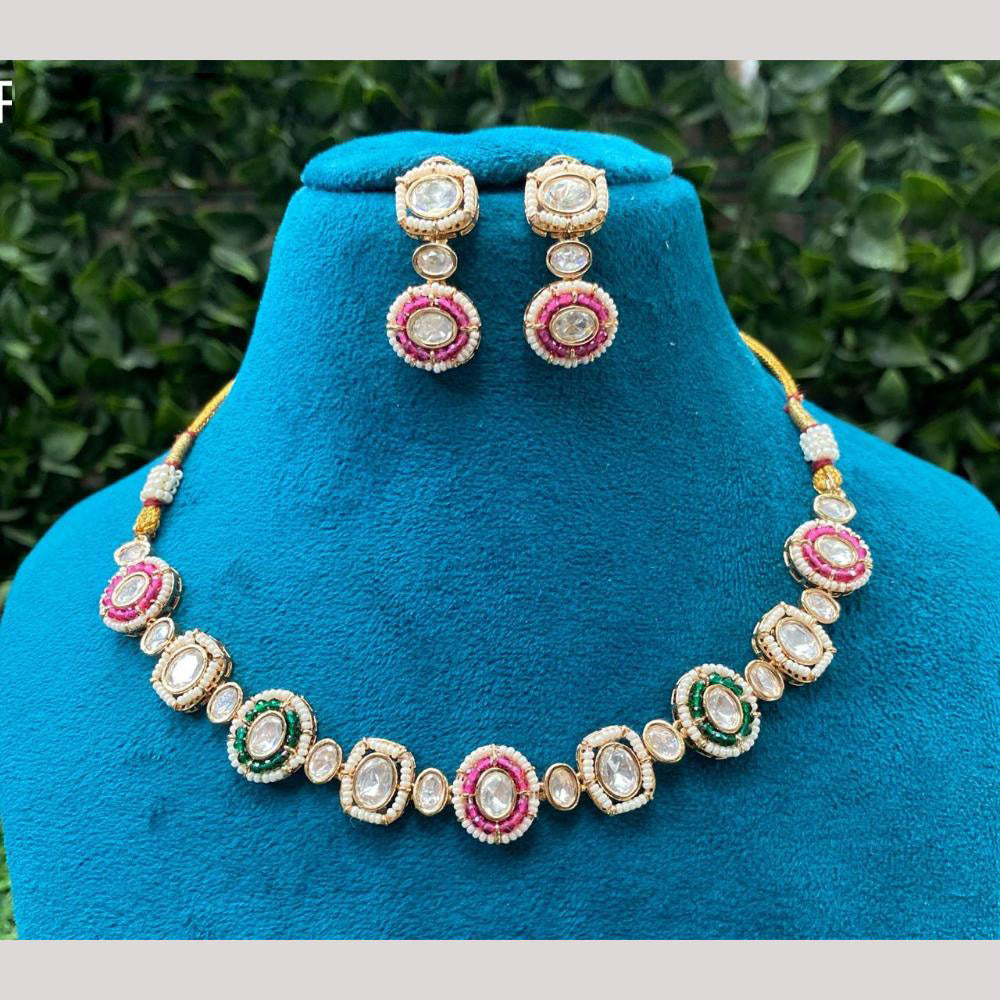 Amoliya Jewels Pearl Beaded Kundan Necklace with Matching Drop Earrings