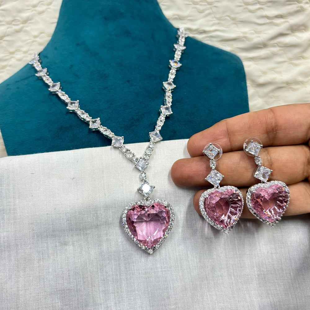 Amoliya Jewel Heart Shaped American Diamond Necklace Set