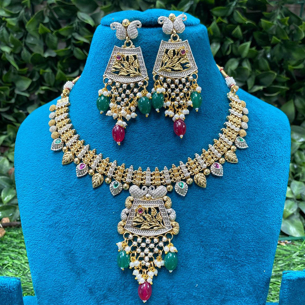 Amoliya Jewels Ethnic 2 Tone Plated Pota Stone And Pearls Necklace Set