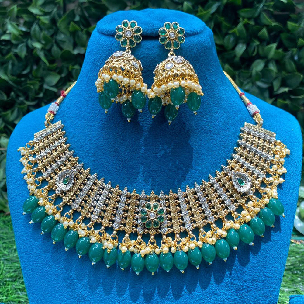 Amoliya Jewels Ethnic 2 Tone Plated Pota Stone And Pearls Necklace Set