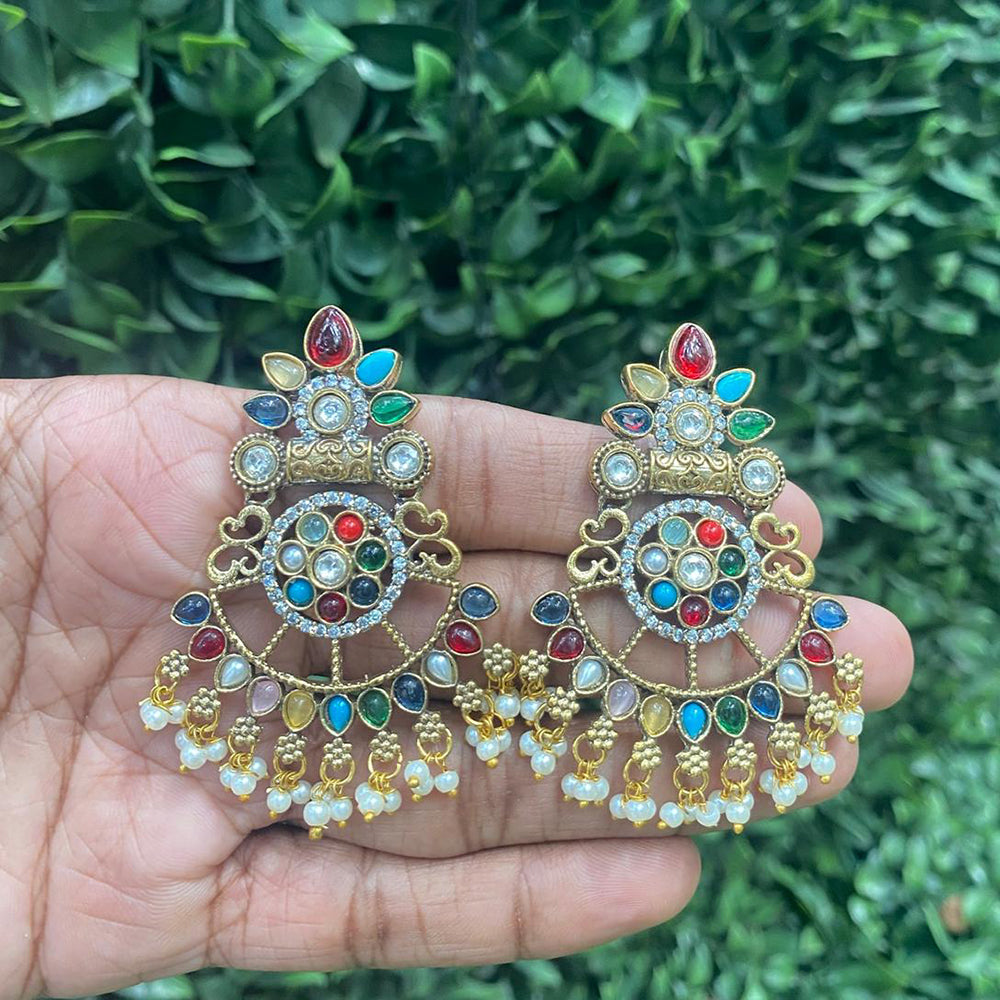 Amoliya Jewels Dazzling Pota Stone And Pearls Dangler Earrings