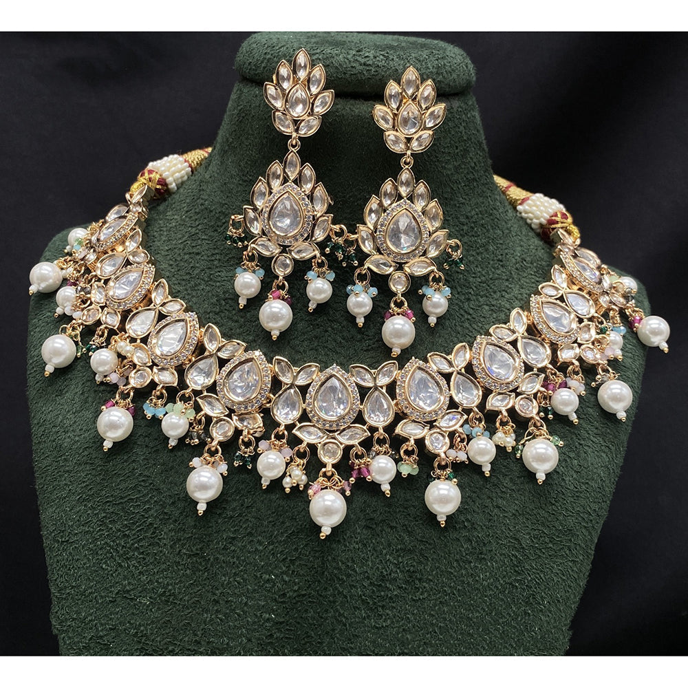 Amoliya Jewels Sparkling Polki Kundan Pota Stone And Pearl Necklace Set