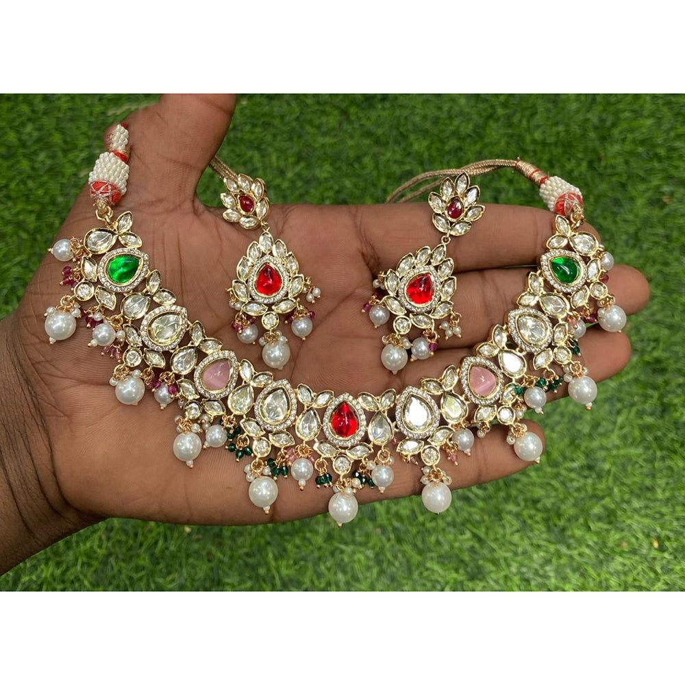 Amoliya Jewels Sparkling Polki Kundan Pota Stone And Pearl Necklace Set