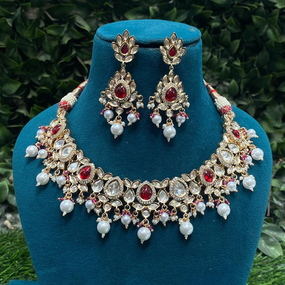 Amoliya Jewels Sparkling Polki Kundan Pota Stone And Pearl Necklace Set