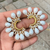 Amoliya Jewels American Diamond And Pearl Crescent Stud Earrings